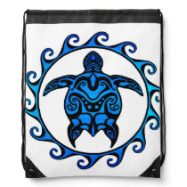Blue Tribal Turtle Sun Drawstring Bag Blue Tribal Turtle Sun Drawstring Bag