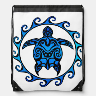 Blue Tribal Turtle Sun Drawstring Bag