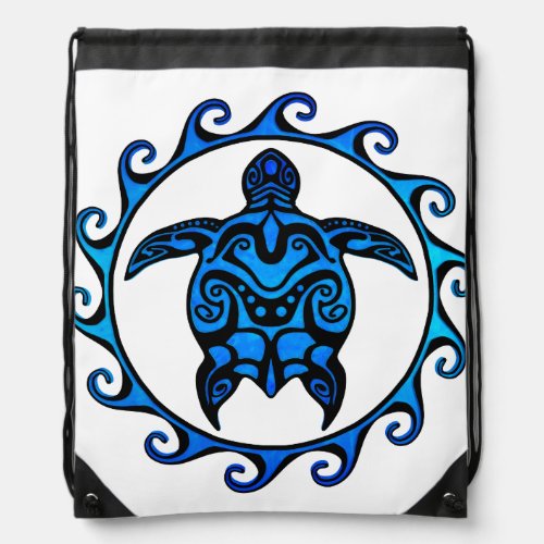 Blue Tribal Turtle Sun Drawstring Bag