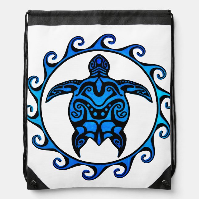 Blue Tribal Turtle Sun Drawstring Bag (Front)