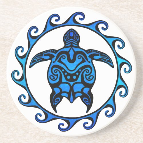 Blue Tribal Turtle Sun Drink Coaster