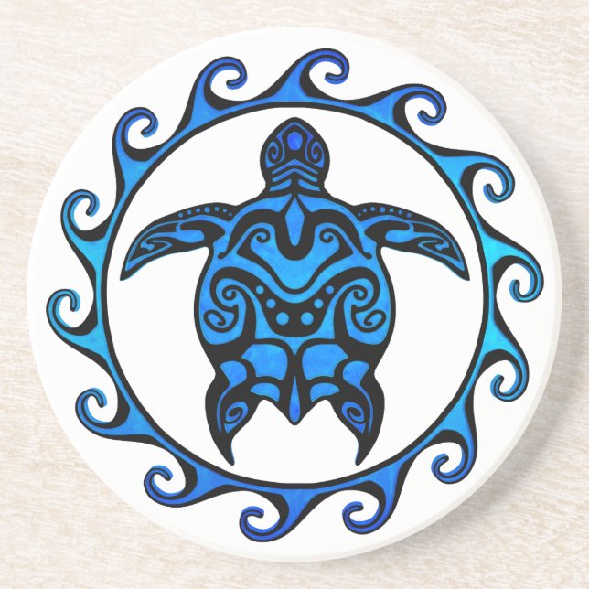 Blue Tribal Turtle Sun Drink Coaster (Front)