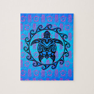 Blue Tribal Turtle Sun Jigsaw Puzzle