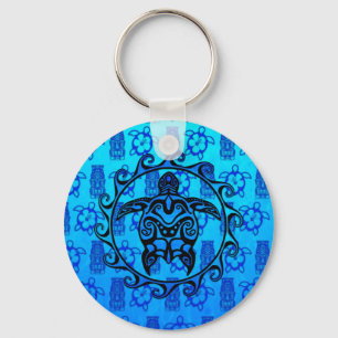 Blue Tribal Turtle Sun Keychain