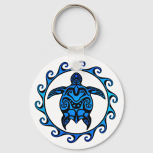 Blue Tribal Turtle Sun Keychain