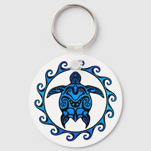 Blue Tribal Turtle Sun Keychain
