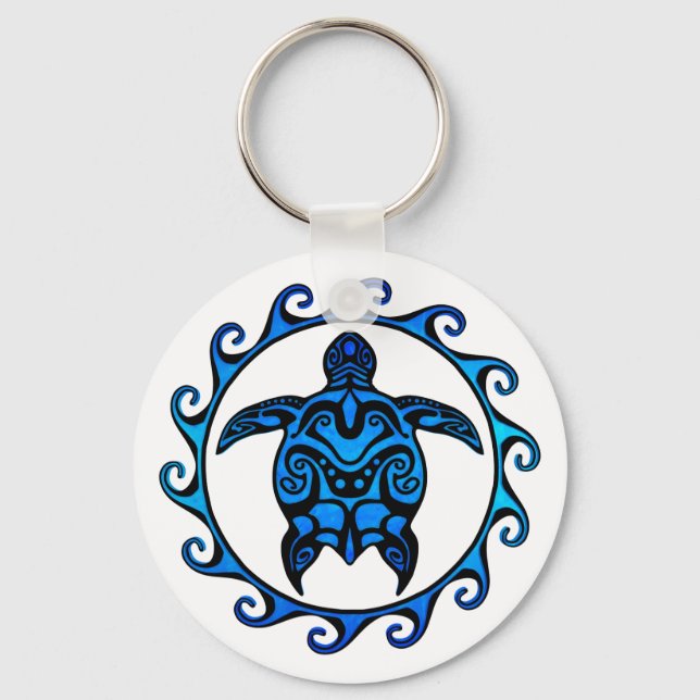 Blue Tribal Turtle Sun Keychain (Front)