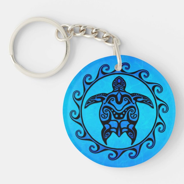 Blue Tribal Turtle Sun Keychain (Front)