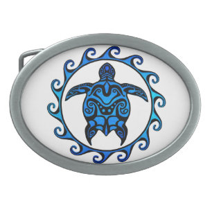 Blue Tribal Turtle Sun Oval Belt Buckle