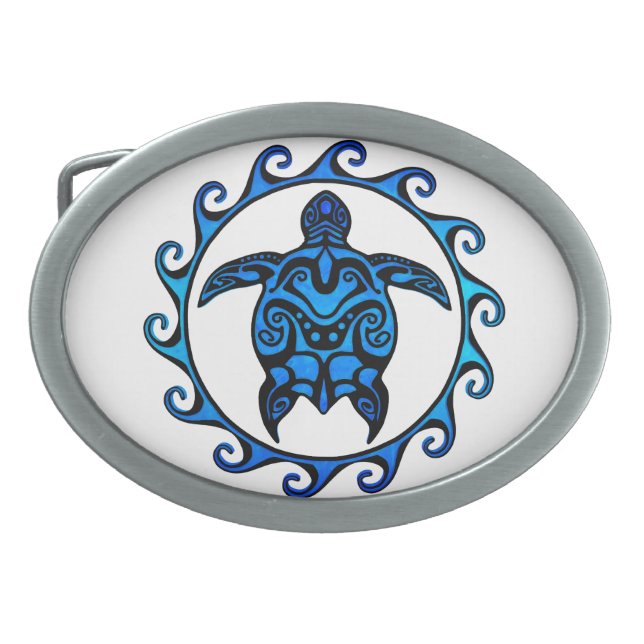 Blue Tribal Turtle Sun Oval Belt Buckle (Front)