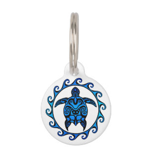 Blue Tribal Turtle Sun Pet Name Tag