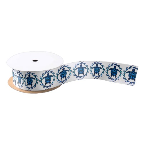 Blue Tribal Turtle Sun Satin Ribbon