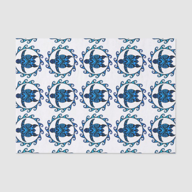 Blue Tribal Turtle Sun Tissue Paper (Front)