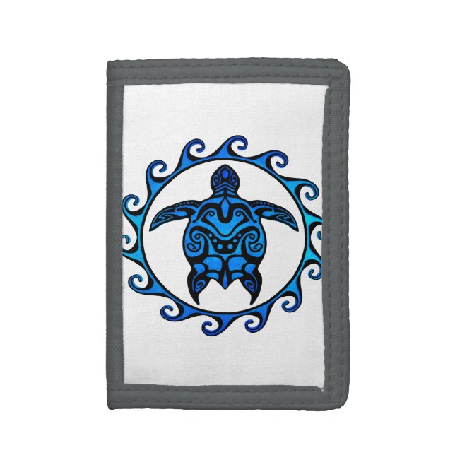 Blue Tribal Turtle Sun Tri-fold Wallet (Front Vertical)