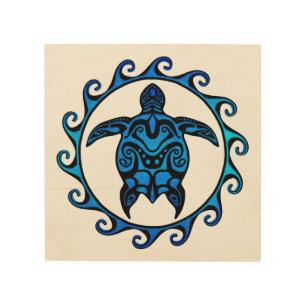 Blue Tribal Turtle Sun Wood Wall Art