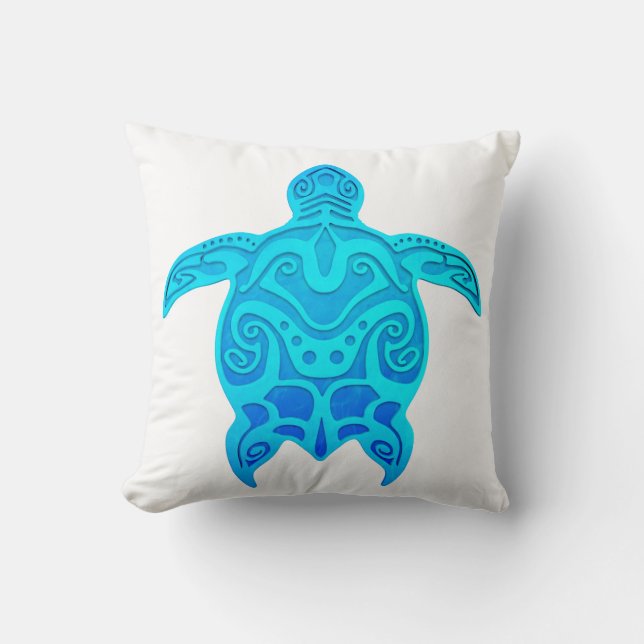 Blue Tribal Turtle Throw Pillow (Front)