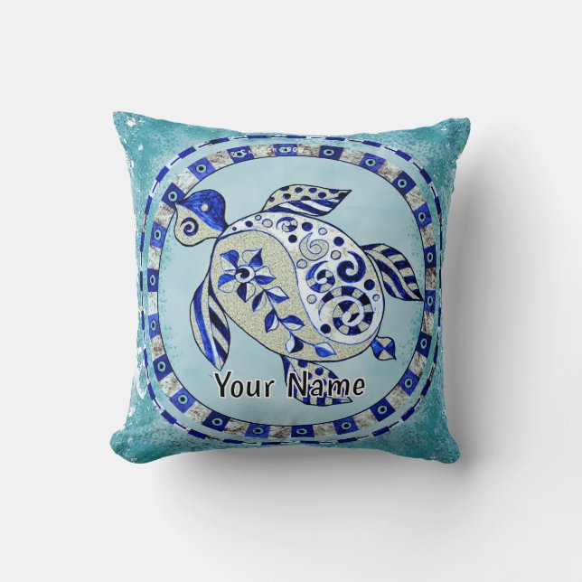 Blue Tribal Turtle Throw Pillow (Front)