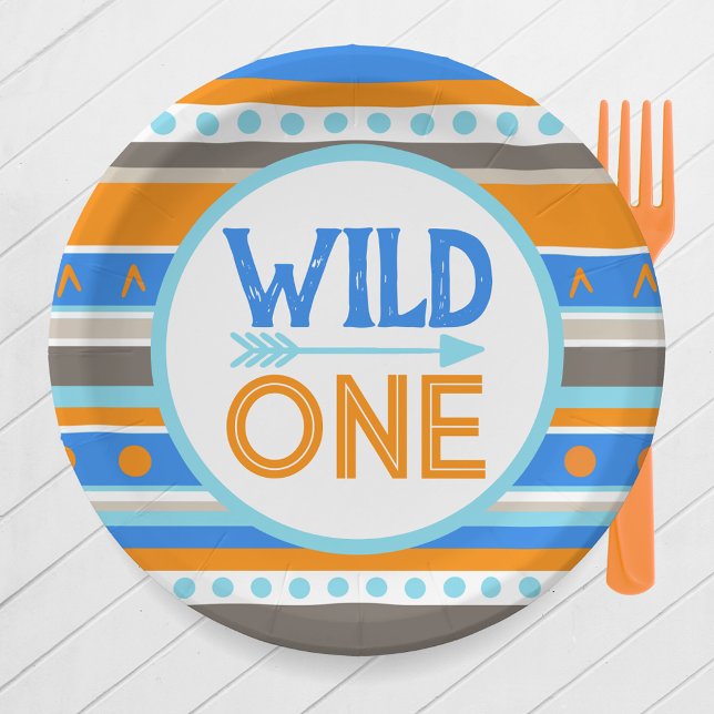 Blue Tribal Wild One 1st Birthday Party Paper Plates (Wild One 1st Birthday Party Paper Plates in Royal Blue, Baby Blue and Orange)