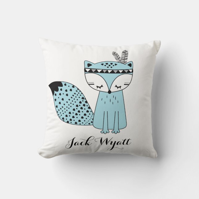 Blue Tribal Woodland Fox Baby Boy Modern Nursery Throw Pillow (Front)