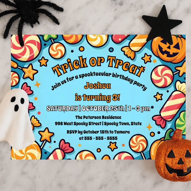 Blue Trick or Treat Candy Kids October Birthday Invitation (Creator Uploaded)