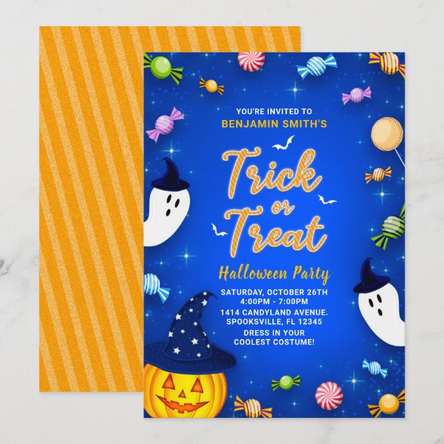 Blue Trick or Treat Kids Halloween Party Invitation (Front/Back)