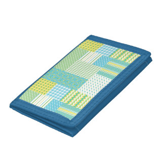 Blue Trifold Nylon Wallet Daffodils Faux-Patchwork