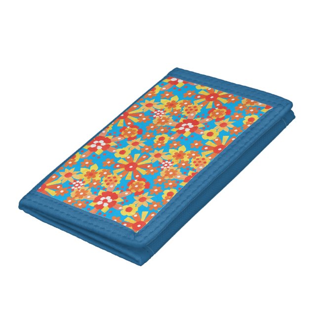 Blue Trifold Nylon Wallet: Ditzy Orange Flowers Tri-fold Wallet (Bottom)