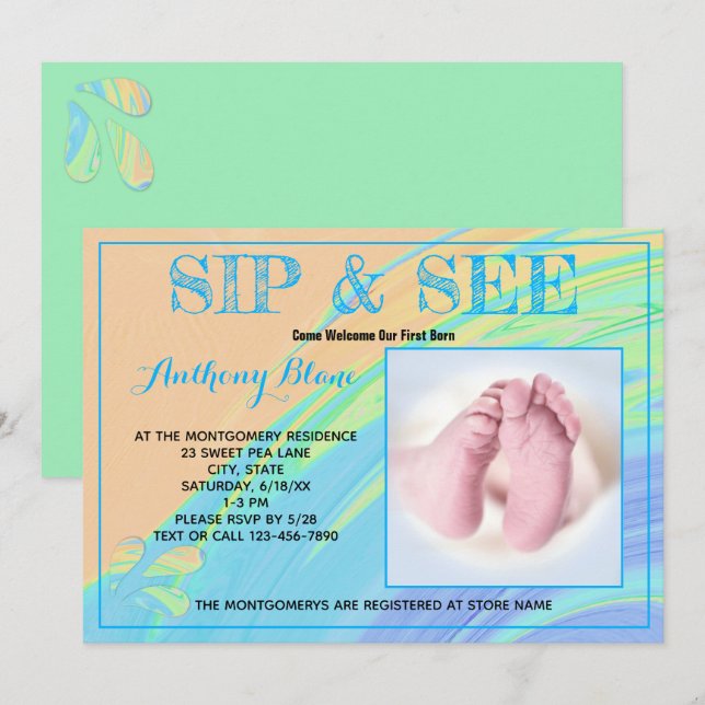 Blue Trim Pastel Abstract Sip and See Custom Photo Invitation (Front/Back)