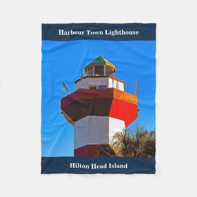 Blue Trimmed Hilton Head Harbour Town Lighthouse Fleece Blanket (Front)
