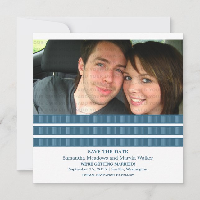 Blue Triple Stripe Photo Save the Date Invite (Front)