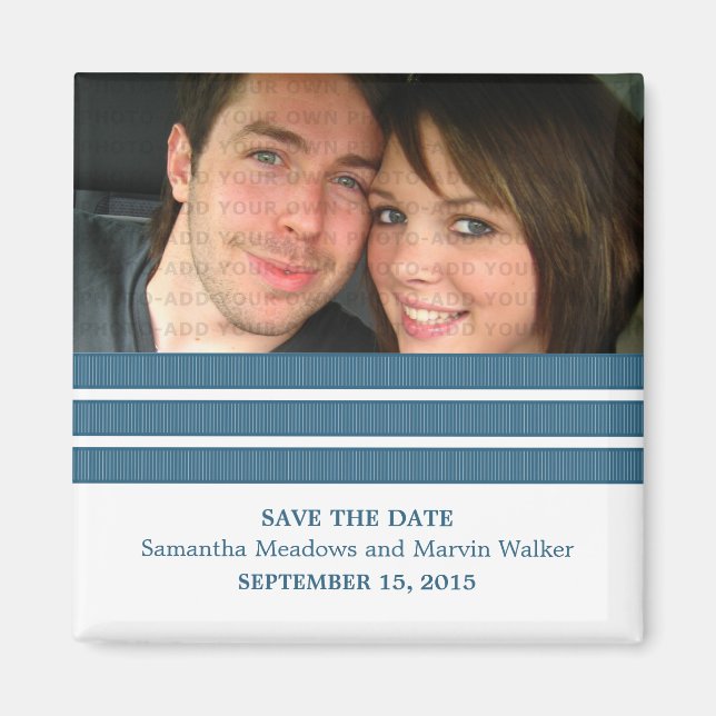 Blue Triple Stripe Photo Save the Date Magnet (Front)