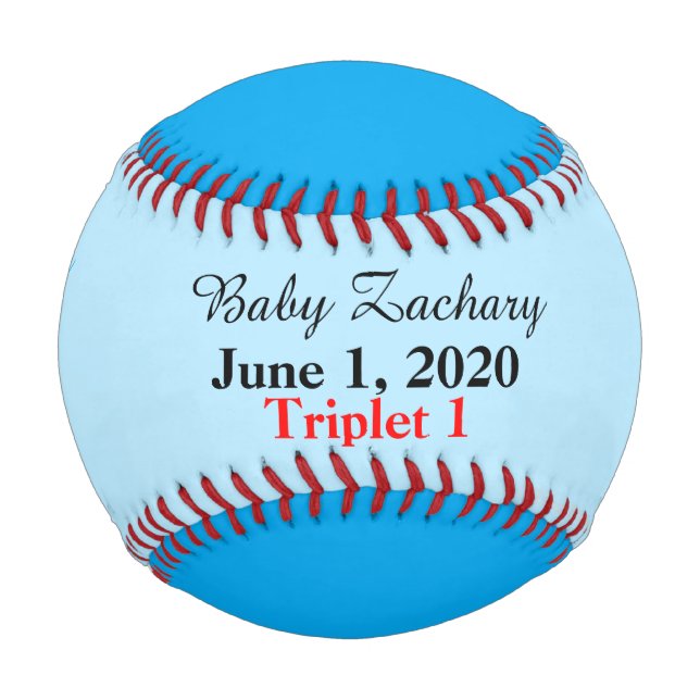Blue Triplet Boy Birth Stats Baseball (Front)
