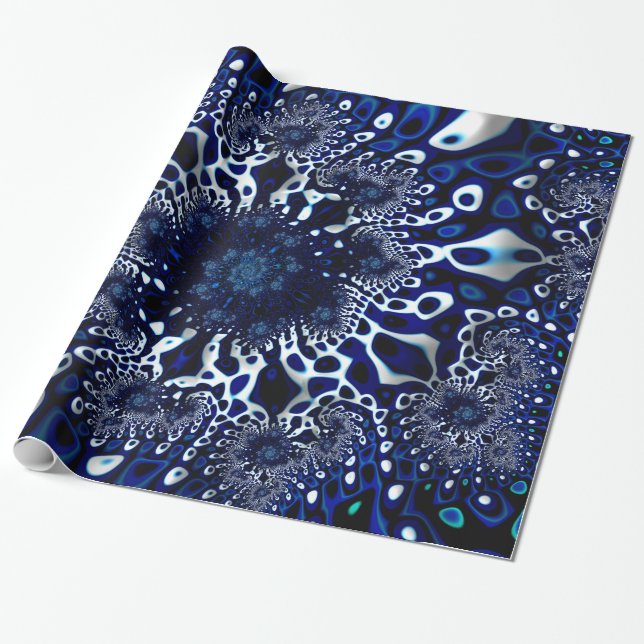 Blue Trippy Psychedelic Fine Fractal Abstract Wrapping Paper (Unrolled)