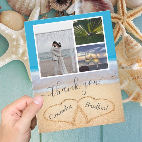 Blue Tropical Beach Hearts in Sand Wedding Thank You Card