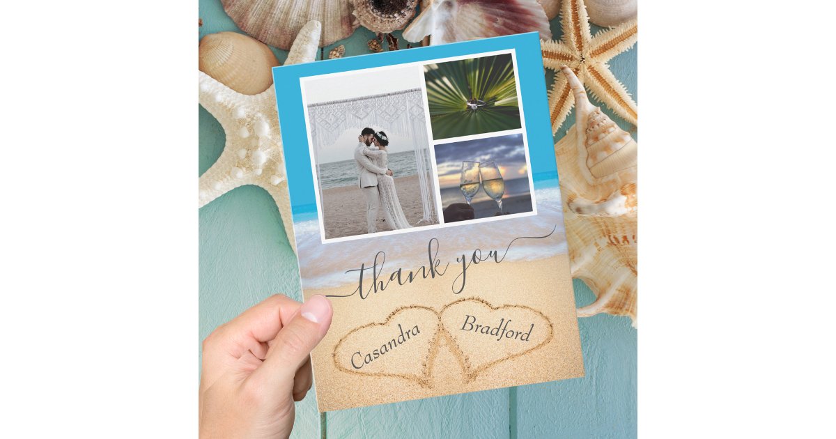 Blue Tropical Beach Hearts in Sand Wedding Thank You Card | Zazzle