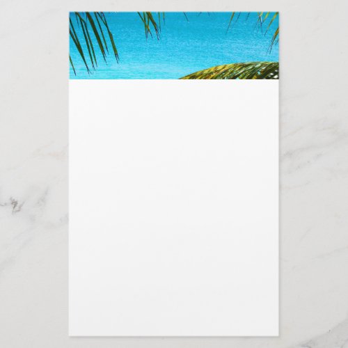 Blue Tropical Beach with Palm Fronds Photo Stationery