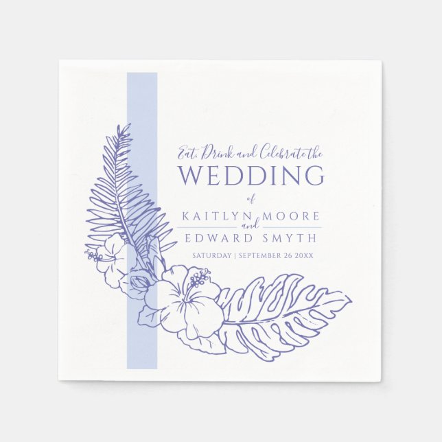 blue tropical botanic line art wedding napkins (Front)