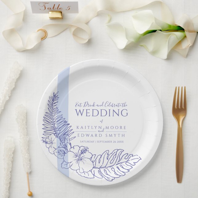 blue tropical botanica line art wedding paper plates (Wedding)