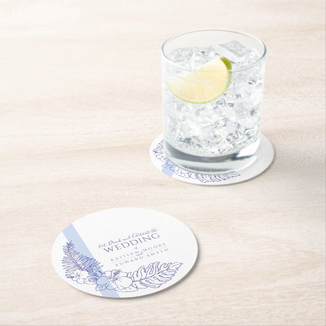 blue tropical botanica line art wedding round paper coaster (Insitu)