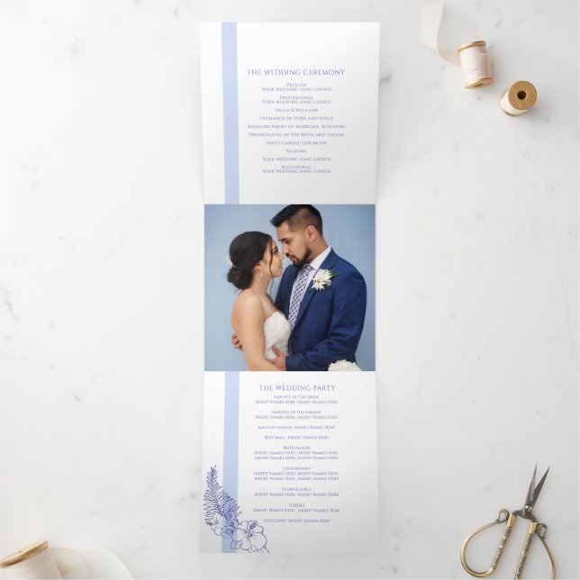 blue tropical botanica line art wedding Tri-Fold program (Inside)
