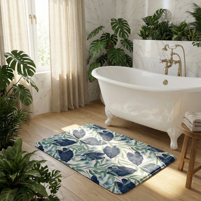 Blue Tropical Botanical Leaf Pattern – Elegant  Bath Mat (Creator Uploaded)