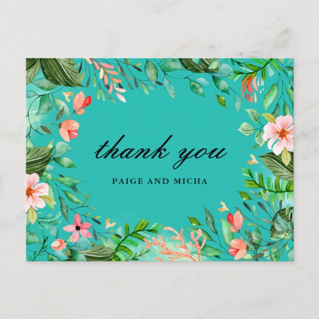 Blue Tropical Botanical Wedding Thank You Postcard (Front)