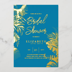 Blue Tropical Disco BRIDAL SHOWER Gold Leaves Foil Invitation