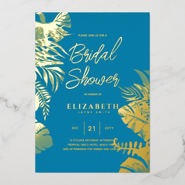 Blue Tropical Disco BRIDAL SHOWER Gold Leaves Foil Invitation (Front)