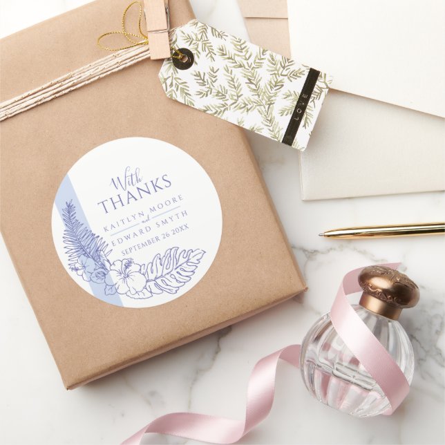 blue tropical drawing wedding thanks classic round sticker (Gifting)