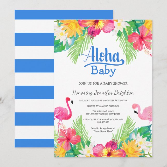 Blue | Tropical Flamingo Luau Baby Shower Invitation (Front/Back)