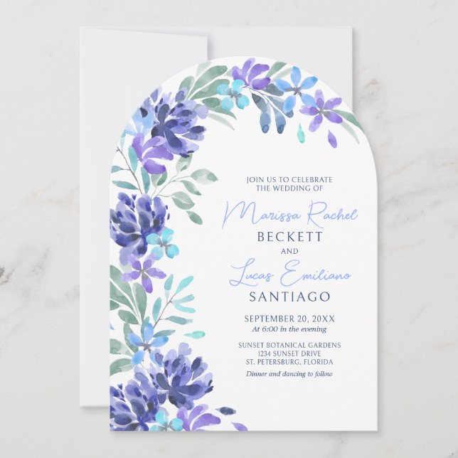 Blue Tropical Floral Arch Wedding Invitation (Front)