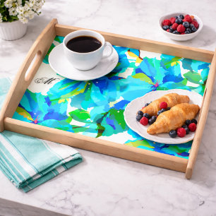 Blue Tropical Floral Elegant Breakfast and Coffee  Serving Tray