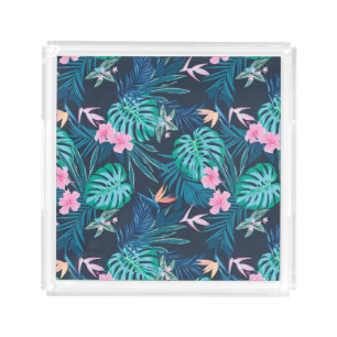 Blue Tropical Flower Garden Pattern Acrylic Tray