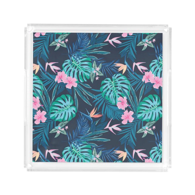 Blue Tropical Flower Garden Pattern Acrylic Tray (Front)